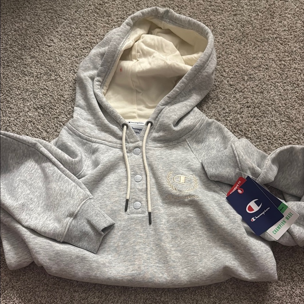 Champion Light Gray Hoodie with Cream Accents